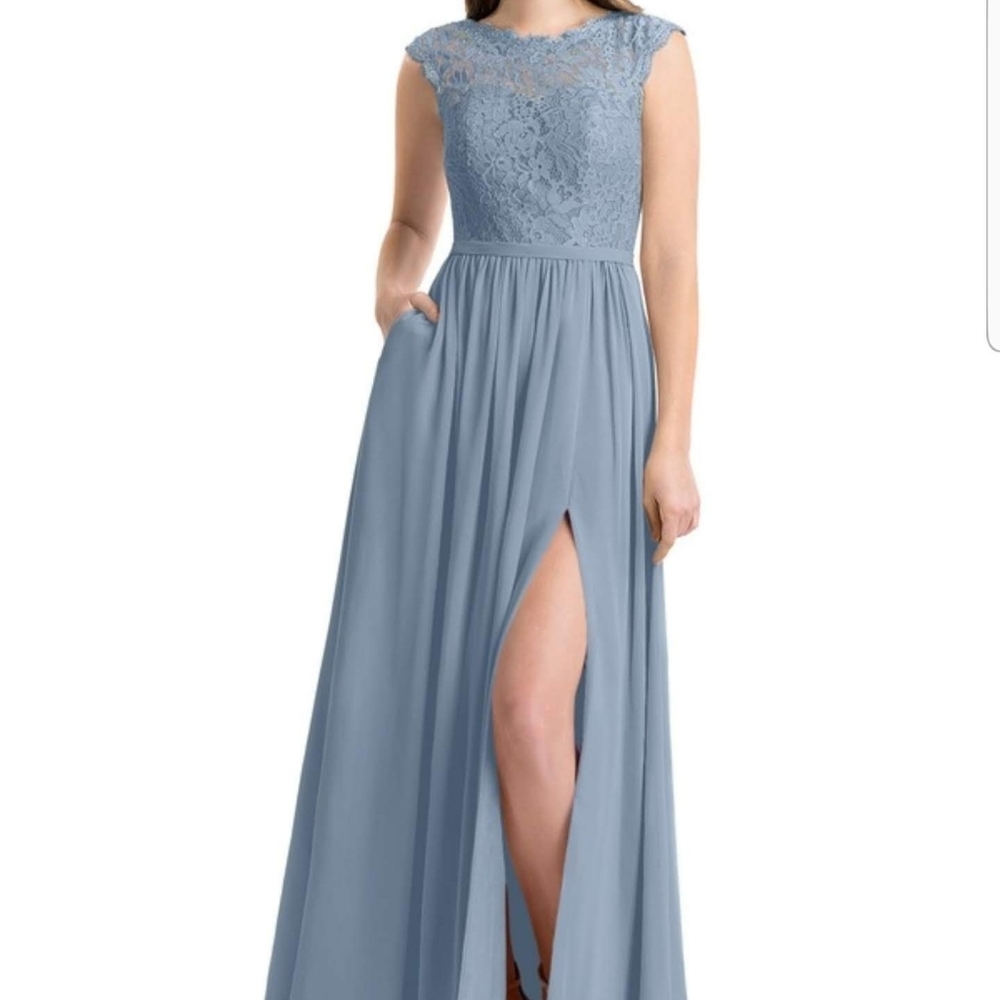 Formal, floor length, dusty blue bridesmaid dress